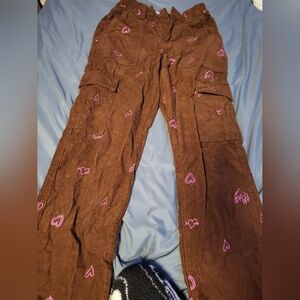 Brown Heart Patterned Corduroy Cargos Size XS